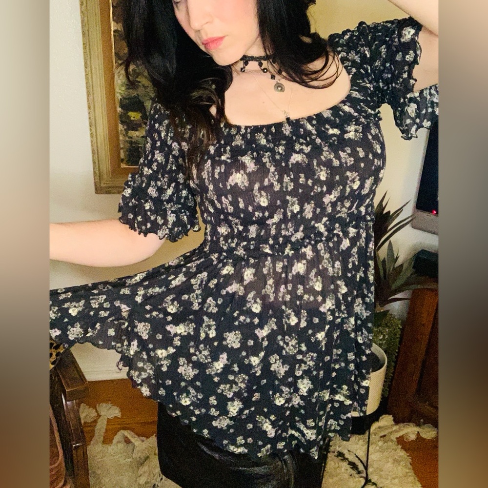 Free People Floral Black Mini Dress/Tunic with Ruffle Sleeves